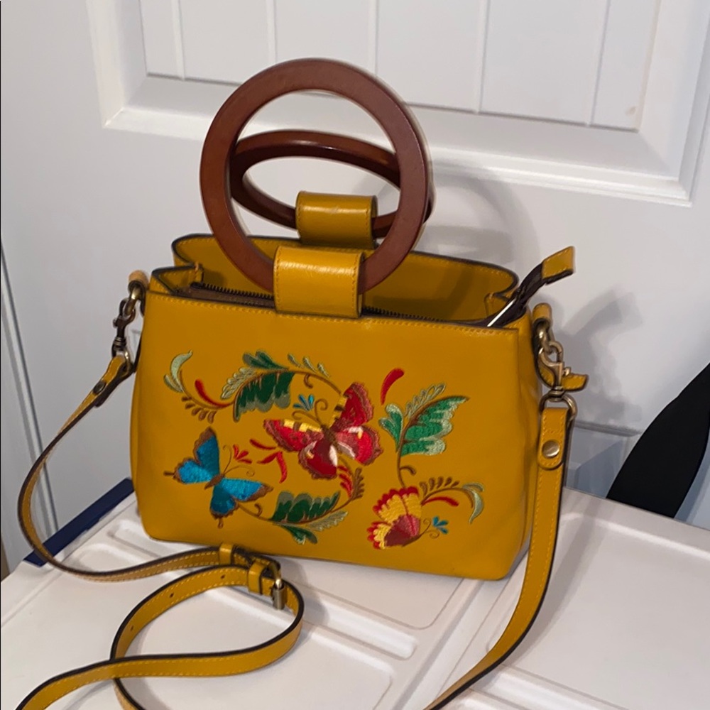 Patricia Nash Yellow and Brown Crossbody Bag with Floral Embroidery